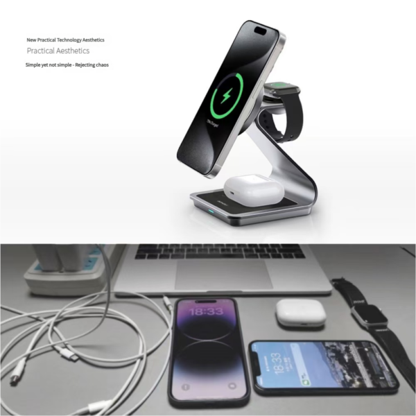 3-in-1 Aluminum alloy MagSafe Wireless Charging Station – Fast Charger for iPhone 16/15/14/13/12, Apple Watch & AirPods Pro/3/2 | Includes Cable & Wall Charger - 图片 2