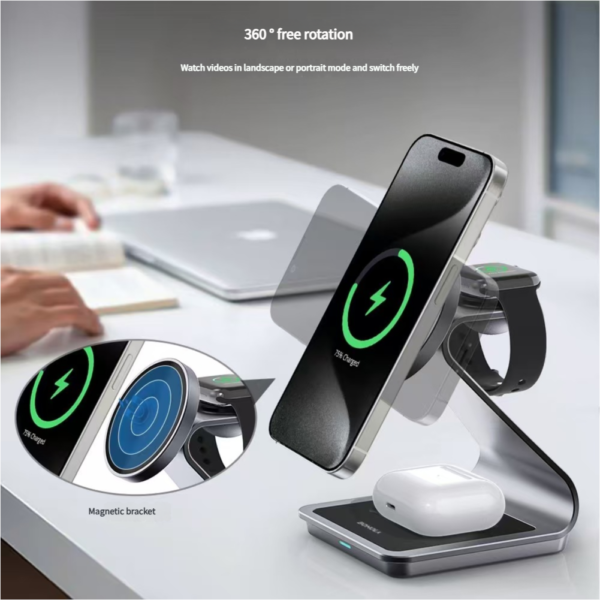 3-in-1 Aluminum alloy MagSafe Wireless Charging Station – Fast Charger for iPhone 16/15/14/13/12, Apple Watch & AirPods Pro/3/2 | Includes Cable & Wall Charger - 图片 3