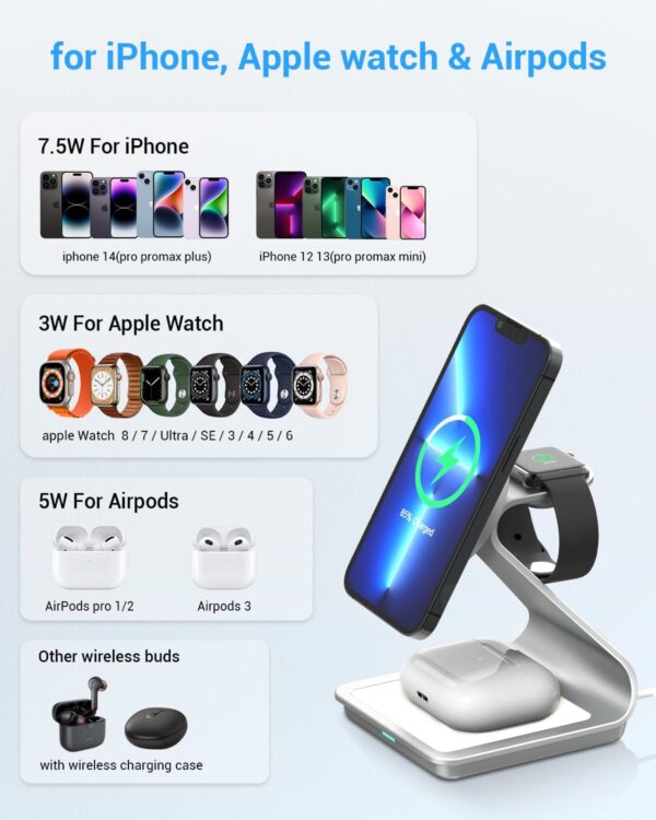 3-in-1 Aluminum alloy MagSafe Wireless Charging Station – Fast Charger for iPhone 16/15/14/13/12, Apple Watch & AirPods Pro/3/2 | Includes Cable & Wall Charger - 图片 8