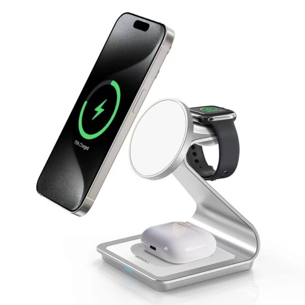3-in-1 Aluminum alloy MagSafe Wireless Charging Station – Fast Charger for iPhone 16/15/14/13/12, Apple Watch & AirPods Pro/3/2 | Includes Cable & Wall Charger