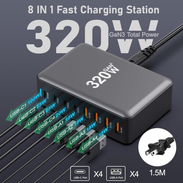 320W USB C Fast Charger Block, 8 Port USB Charging Station, 100W PD PPS Port Fast Charging Station Hub, Laptop Wall Charger Compatible with MacBook/iPhone 16/iPad/Galaxy S23/22 etc - 图片 8