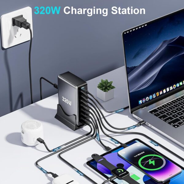 320W USB C Fast Charger Block, 8 Port USB Charging Station, 100W PD PPS Port Fast Charging Station Hub, Laptop Wall Charger Compatible with MacBook/iPhone 16/iPad/Galaxy S23/22 etc - 图片 6