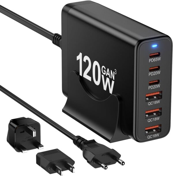 120W GaN III 6 Ports USB C Fast Charging Station Hub Block Portable Wall PD Charger Power Adapter With 3 USB-C + 3 USB-A, 65W Port for MacBook Pro/Air, iPhone 15 14 13 12 11, Galaxy S24 S23 S22