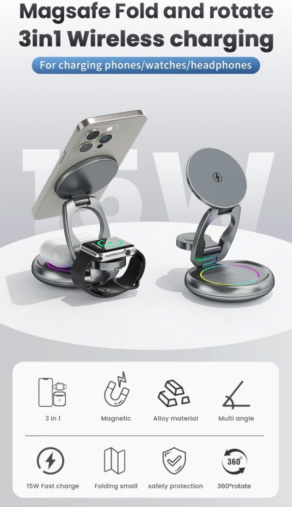 Foldable Wireless charger Magnetic 3 in 1 charging station Apple  Magsafe Magnetic Wireless Charger Folding Stand for iPhone16 iPhone15 pro max Ultra S8 AirPods Pro - 图片 2