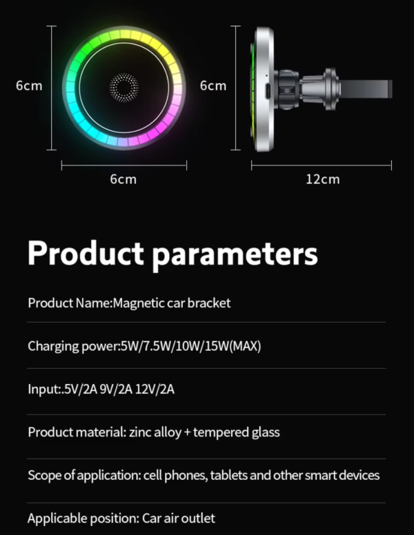 New Magnetic RGB air vent mount 15W fast wireless charging Phone Holder Wireless Charger for iPhone 11 12 13 14 15 16 Pro Max - 图片 9