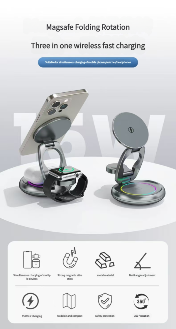 Foldable Wireless charger Magnetic 3 in 1 charging station Apple  Magsafe Magnetic Wireless Charger Folding Stand for iPhone16 iPhone15 pro max Ultra S8 AirPods Pro - 图片 4