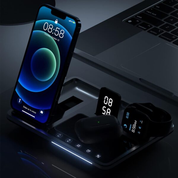 Multiple charge heads，5in1 Time Alarm Oclock Night Light Airpods iwatch Series iPhone 12 13 14 15 16 Pro Max Wireless Charger - 图片 10