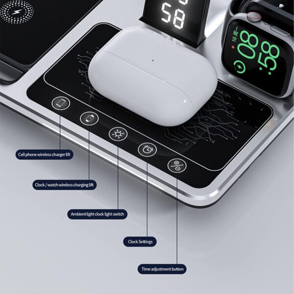 Multiple charge heads，5in1 Time Alarm Oclock Night Light Airpods iwatch Series iPhone 12 13 14 15 16 Pro Max Wireless Charger - 图片 4