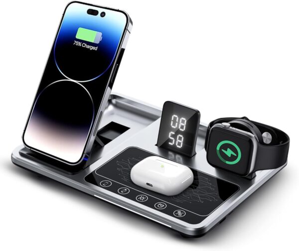 Multiple charge heads，5in1 Time Alarm Oclock Night Light Airpods iwatch Series iPhone 12 13 14 15 16 Pro Max Wireless Charger