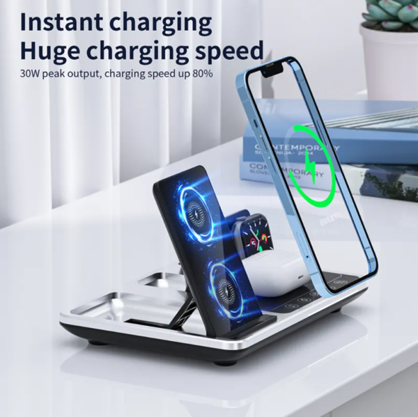 Multiple charge heads，5in1 Time Alarm Oclock Night Light Airpods iwatch Series iPhone 12 13 14 15 16 Pro Max Wireless Charger - 图片 5