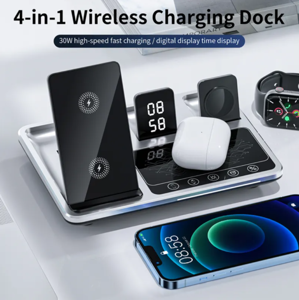 Multiple charge heads，5in1 Time Alarm Oclock Night Light Airpods iwatch Series iPhone 12 13 14 15 16 Pro Max Wireless Charger - 图片 7