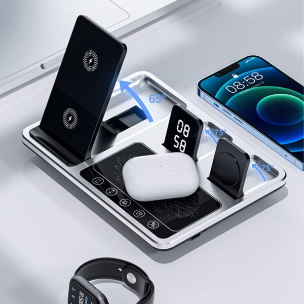 Multiple charge heads，5in1 Time Alarm Oclock Night Light Airpods iwatch Series iPhone 12 13 14 15 16 Pro Max Wireless Charger - 图片 8