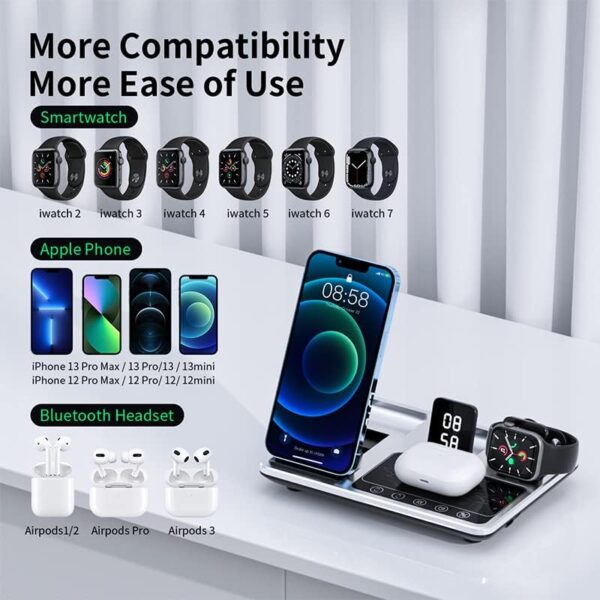 Multiple charge heads，5in1 Time Alarm Oclock Night Light Airpods iwatch Series iPhone 12 13 14 15 16 Pro Max Wireless Charger - 图片 9
