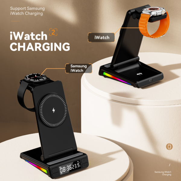 Portable charging station 5in1 Night light Time colock Samsung iwatch Airpods Phone Wireless Charger for iPhone 8 X XR 11 12 13 14 15 PRO MAX - 图片 2