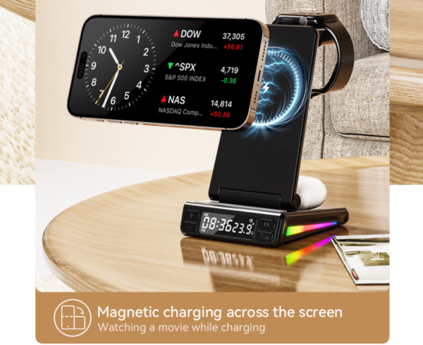 Portable charging station 5in1 Night light Time colock Samsung iwatch Airpods Phone Wireless Charger for iPhone 8 X XR 11 12 13 14 15 PRO MAX - 图片 7