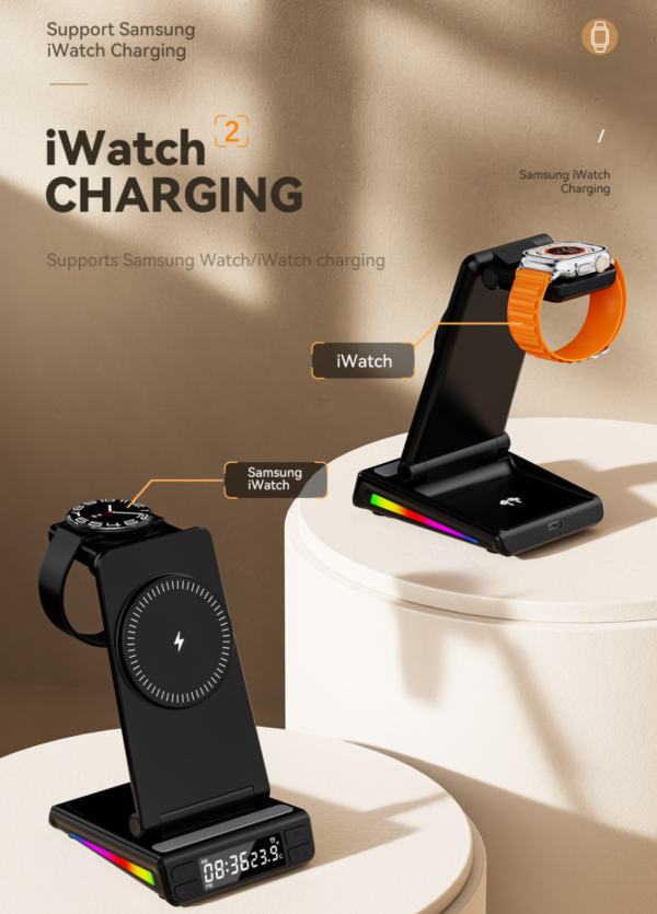 Portable charging station 5in1 Night light Time colock Samsung iwatch Airpods Phone Wireless Charger for iPhone 8 X XR 11 12 13 14 15 PRO MAX - 图片 8