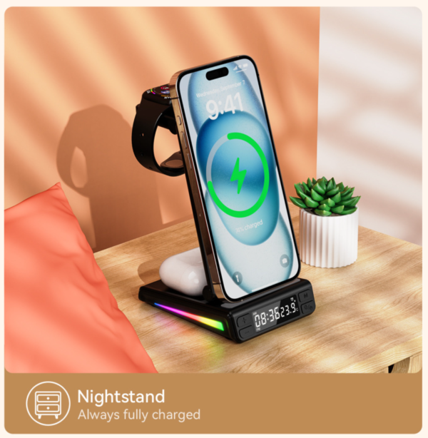 Portable charging station 5in1 Night light Time colock Samsung iwatch Airpods Phone Wireless Charger for iPhone 8 X XR 11 12 13 14 15 PRO MAX - 图片 9