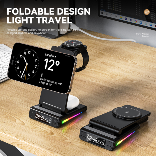 Portable charging station 5in1 Night light Time colock Samsung iwatch Airpods Phone Wireless Charger for iPhone 8 X XR 11 12 13 14 15 PRO MAX