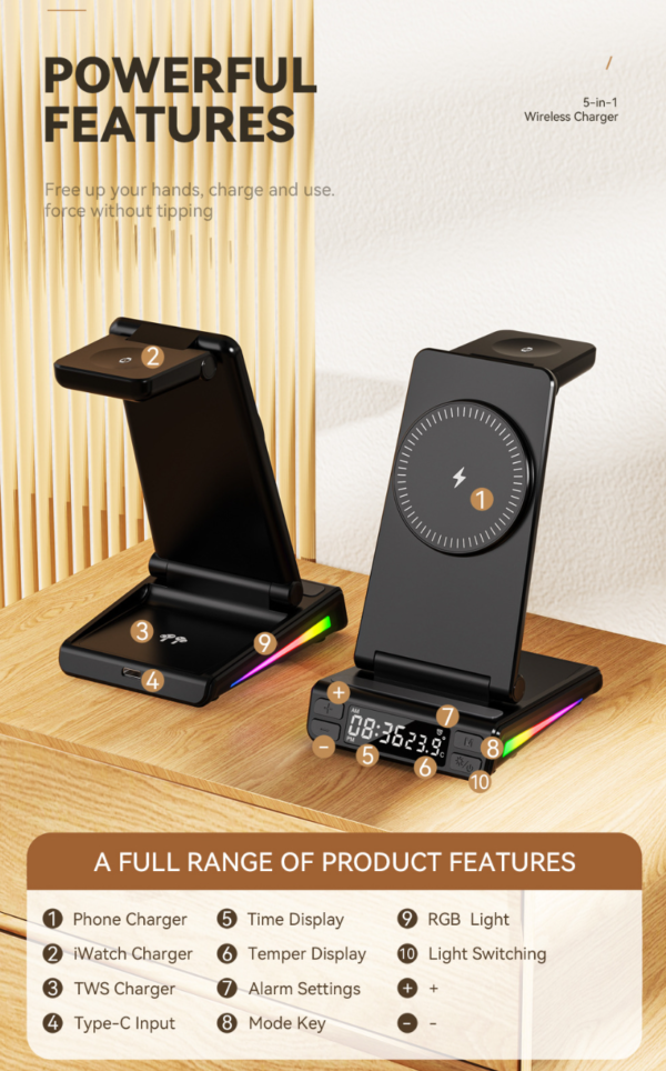 Portable charging station 5in1 Night light Time colock Samsung iwatch Airpods Phone Wireless Charger for iPhone 8 X XR 11 12 13 14 15 PRO MAX - 图片 10