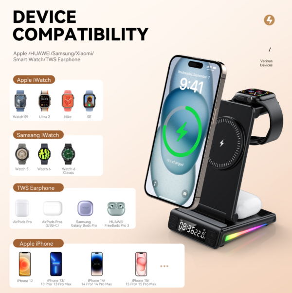 Portable charging station 5in1 Night light Time colock Samsung iwatch Airpods Phone Wireless Charger for iPhone 8 X XR 11 12 13 14 15 PRO MAX - 图片 3