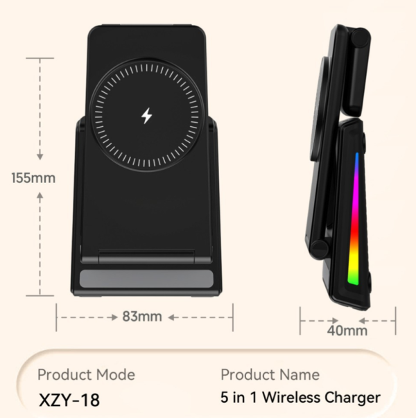 Portable charging station 5in1 Night light Time colock Samsung iwatch Airpods Phone Wireless Charger for iPhone 8 X XR 11 12 13 14 15 PRO MAX - 图片 4