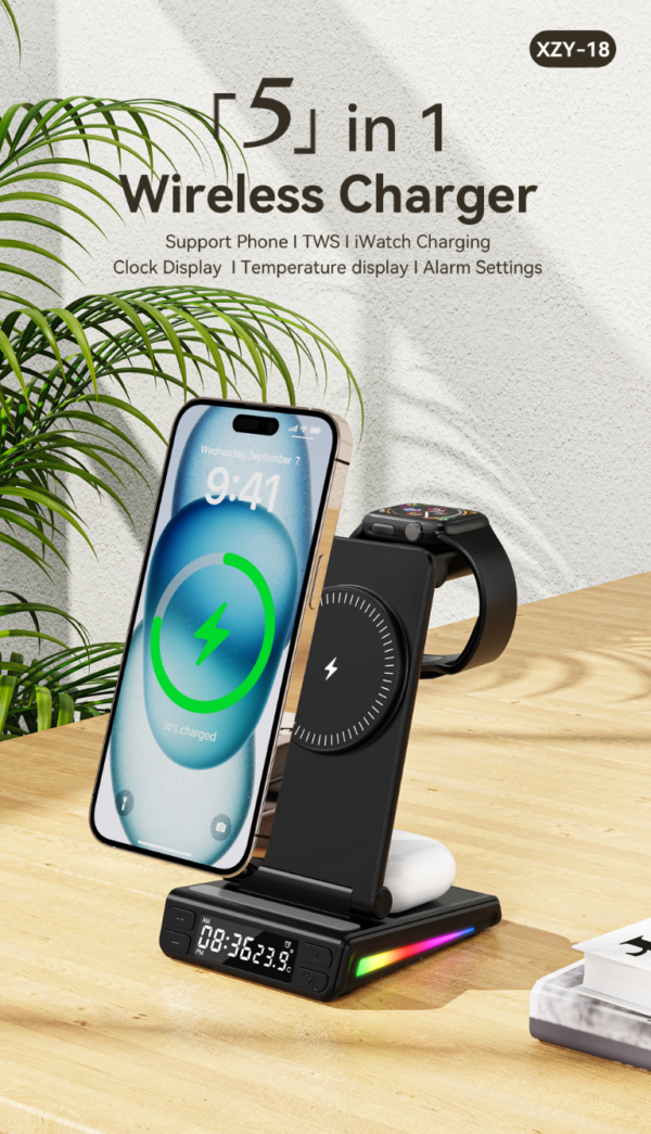 Portable charging station 5in1 Night light Time colock Samsung iwatch Airpods Phone Wireless Charger for iPhone 8 X XR 11 12 13 14 15 PRO MAX - 图片 5