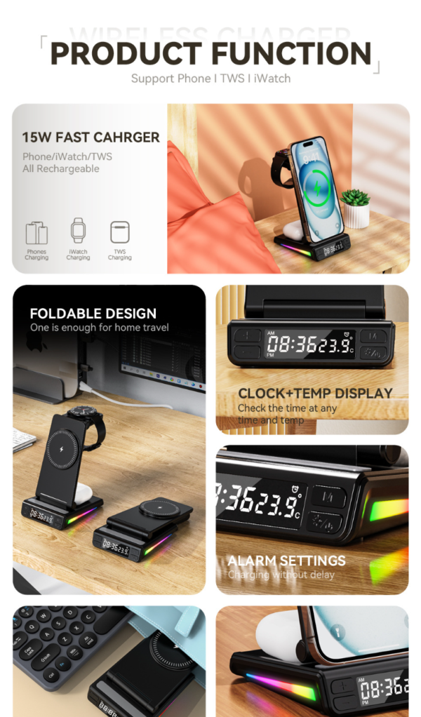Portable charging station 5in1 Night light Time colock Samsung iwatch Airpods Phone Wireless Charger for iPhone 8 X XR 11 12 13 14 15 PRO MAX - 图片 6