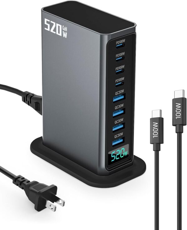 Samsung charger for iphone 520W USB C Charger Block, 8 Ports GaN Fast Charging Station Hub, PD 100w Type C & USB A Laptop Desktop Charger Adapter for MacBook Air/Pro, DELL, iPhone, iPad, Samsung