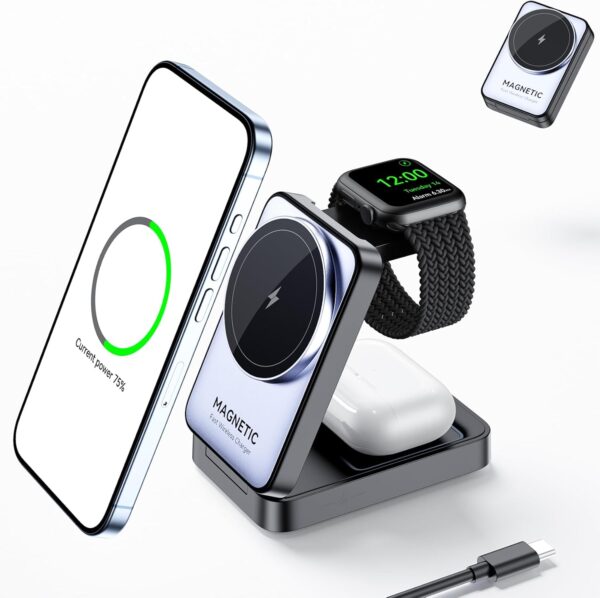 Upgraded 3-in-1 Wireless Charger for iPhone,Travel Magnetic Charger Stand Nightlight Foldable Wireless Charging Station Compatible with Magsafe Charger&iPhone 16/15/14/13/12,Apple Watch&AirPods - 图片 3