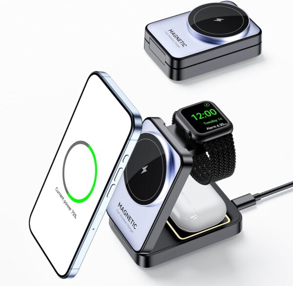 Upgraded 3-in-1 Wireless Charger for iPhone,Travel Magnetic Charger Stand Nightlight Foldable Wireless Charging Station Compatible with Magsafe Charger&iPhone 16/15/14/13/12,Apple Watch&AirPods