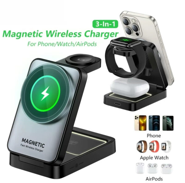 Upgraded 3-in-1 Wireless Charger for iPhone,Travel Magnetic Charger Stand Nightlight Foldable Wireless Charging Station Compatible with Magsafe Charger&iPhone 16/15/14/13/12,Apple Watch&AirPods - 图片 4