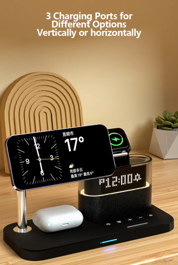 WIRELESS CLEAN, 5 in 1 Wireless Charger with Alarm Clock for Apple Multiple Devices,Bedside Night Light Nightstand Mag-Safe Charging Station for iPhone 16/15/14/13/12,Apple Watch,Air-Pods - 图片 9