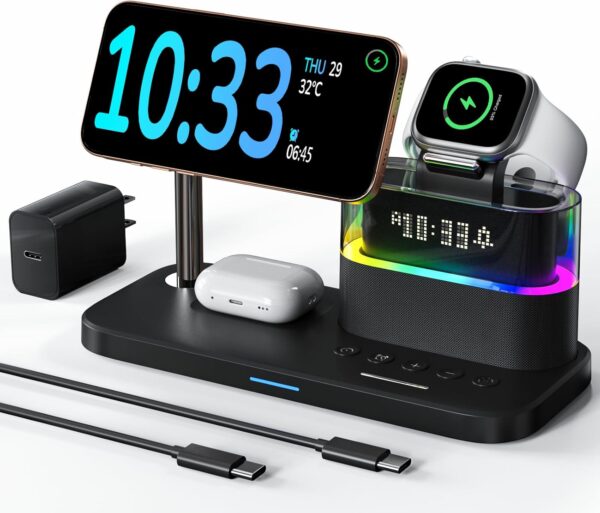 WIRELESS CLEAN, 5 in 1 Wireless Charger with Alarm Clock for Apple Multiple Devices,Bedside Night Light Nightstand Mag-Safe Charging Station for iPhone 16/15/14/13/12,Apple Watch,Air-Pods