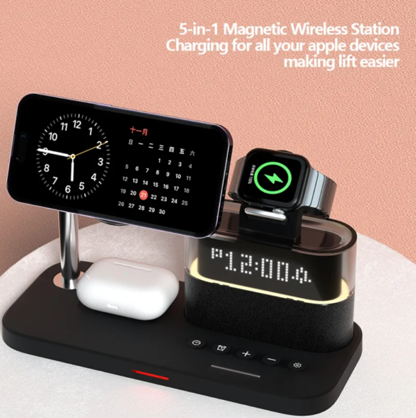 WIRELESS CLEAN, 5 in 1 Wireless Charger with Alarm Clock for Apple Multiple Devices,Bedside Night Light Nightstand Mag-Safe Charging Station for iPhone 16/15/14/13/12,Apple Watch,Air-Pods - 图片 2