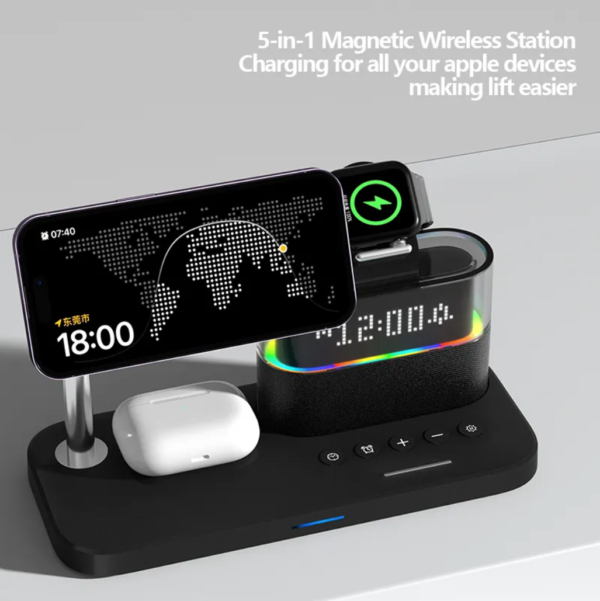 WIRELESS CLEAN, 5 in 1 Wireless Charger with Alarm Clock for Apple Multiple Devices,Bedside Night Light Nightstand Mag-Safe Charging Station for iPhone 16/15/14/13/12,Apple Watch,Air-Pods - 图片 4