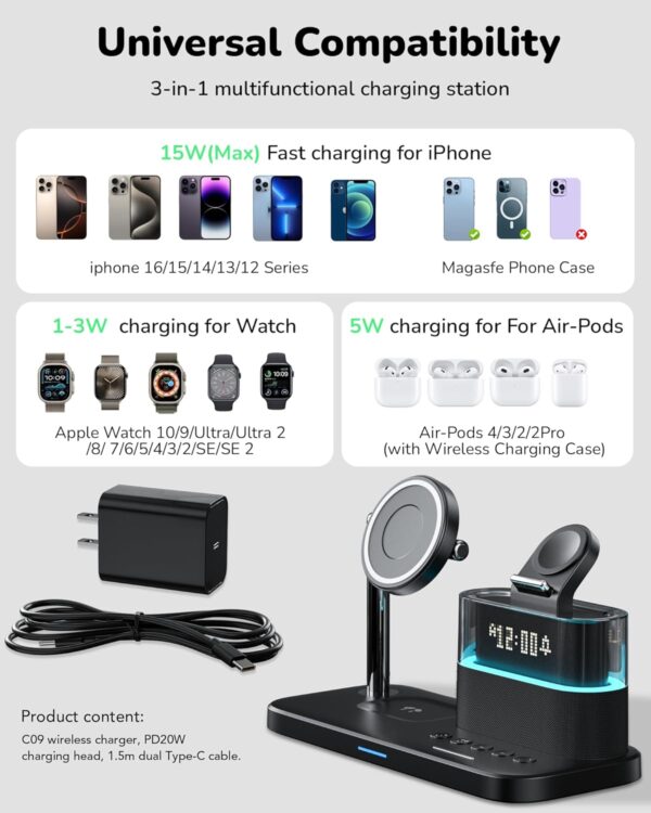 WIRELESS CLEAN, 5 in 1 Wireless Charger with Alarm Clock for Apple Multiple Devices,Bedside Night Light Nightstand Mag-Safe Charging Station for iPhone 16/15/14/13/12,Apple Watch,Air-Pods - 图片 3