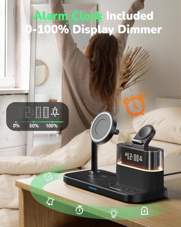 WIRELESS CLEAN, 5 in 1 Wireless Charger with Alarm Clock for Apple Multiple Devices,Bedside Night Light Nightstand Mag-Safe Charging Station for iPhone 16/15/14/13/12,Apple Watch,Air-Pods - 图片 5