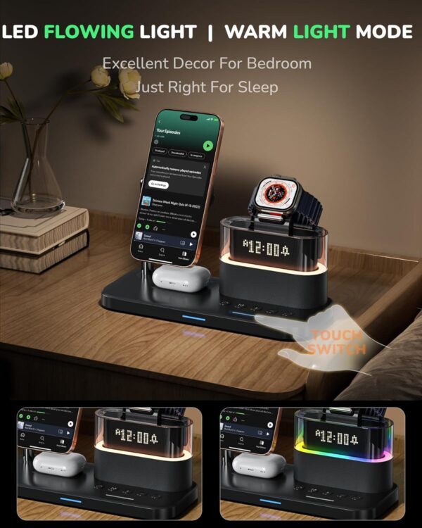 WIRELESS CLEAN, 5 in 1 Wireless Charger with Alarm Clock for Apple Multiple Devices,Bedside Night Light Nightstand Mag-Safe Charging Station for iPhone 16/15/14/13/12,Apple Watch,Air-Pods - 图片 7