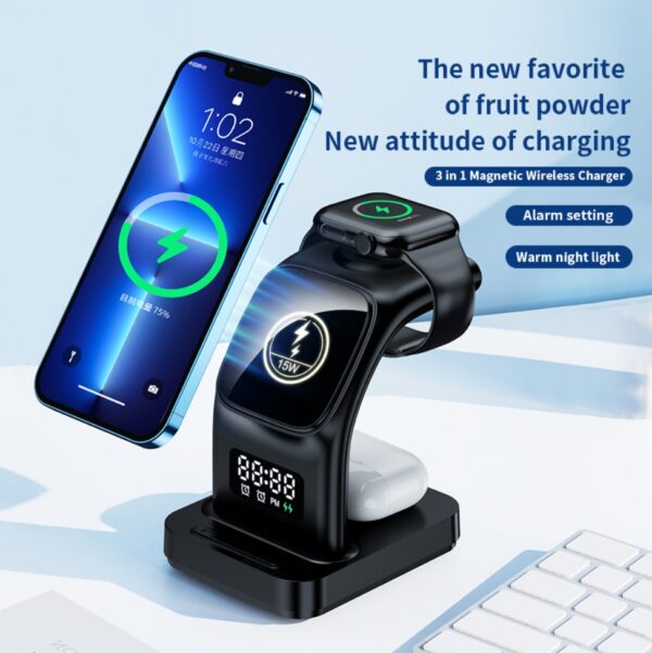 Wireless charger 3 1 android for iPhone,Airpods,iWatch 5 in 1 Multifunctions Time Clock Night Light Charger Station Fast Charging Wireless Charger