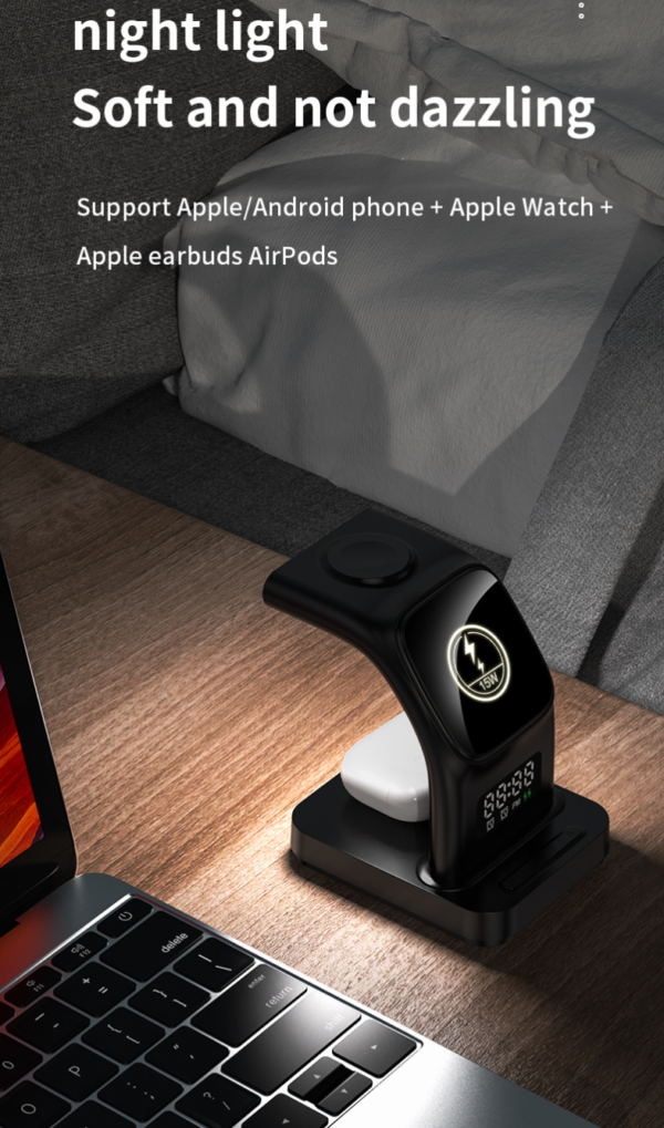 Wireless charger 3 1 android for iPhone,Airpods,iWatch 5 in 1 Multifunctions Time Clock Night Light Charger Station Fast Charging Wireless Charger - 图片 7