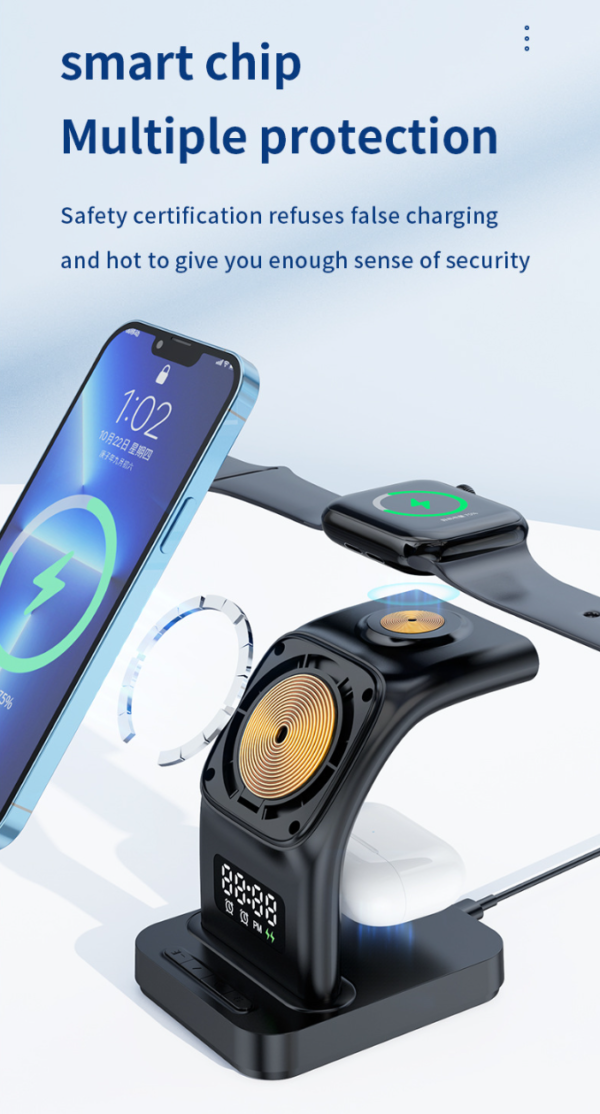 Wireless charger 3 1 android for iPhone,Airpods,iWatch 5 in 1 Multifunctions Time Clock Night Light Charger Station Fast Charging Wireless Charger - 图片 8