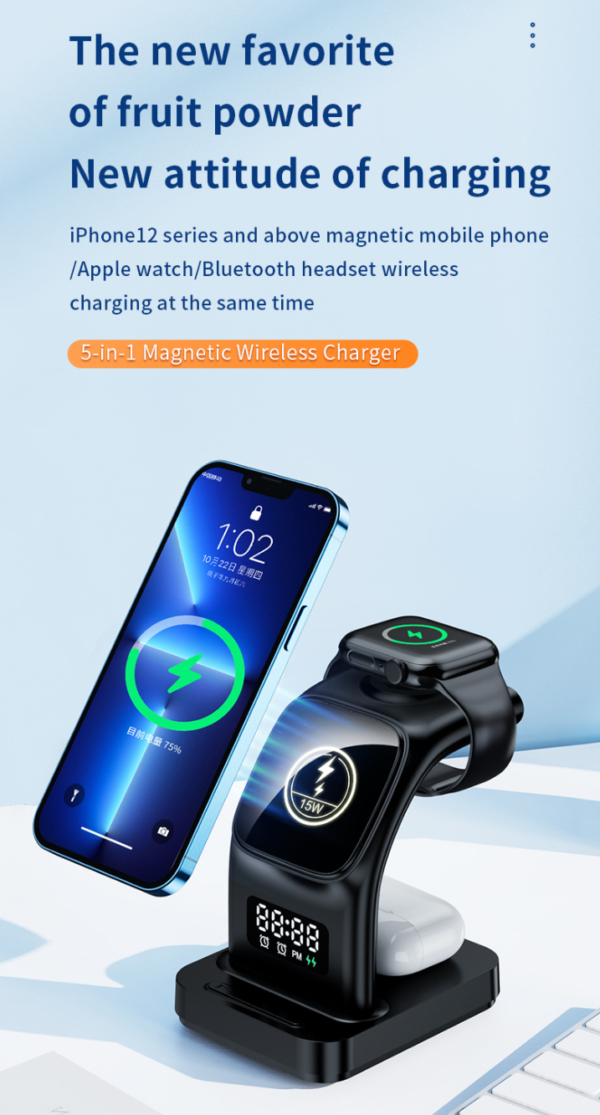 Wireless charger 3 1 android for iPhone,Airpods,iWatch 5 in 1 Multifunctions Time Clock Night Light Charger Station Fast Charging Wireless Charger - 图片 9
