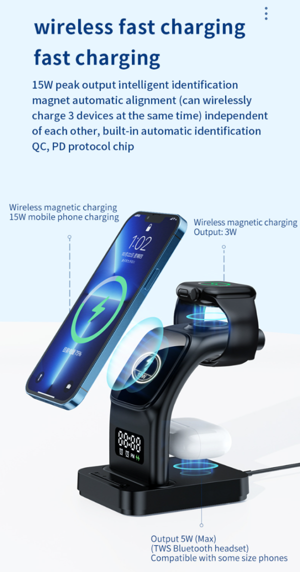 Wireless charger 3 1 android for iPhone,Airpods,iWatch 5 in 1 Multifunctions Time Clock Night Light Charger Station Fast Charging Wireless Charger - 图片 6