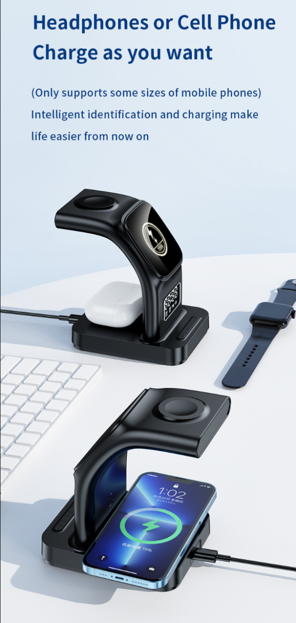 Wireless charger 3 1 android for iPhone,Airpods,iWatch 5 in 1 Multifunctions Time Clock Night Light Charger Station Fast Charging Wireless Charger - 图片 5