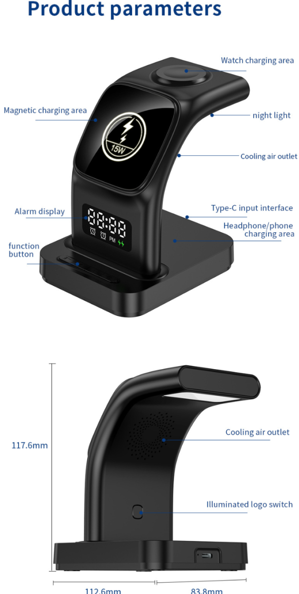 Wireless charger 3 1 android for iPhone,Airpods,iWatch 5 in 1 Multifunctions Time Clock Night Light Charger Station Fast Charging Wireless Charger - 图片 10