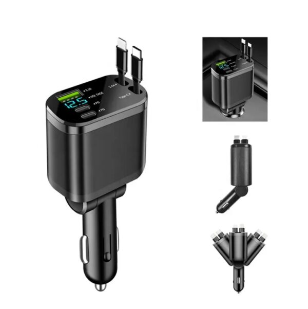 5 in 1 Retractable Car Charger Mobile Phone USB PD Type C Cable Fast Charge Cord Cigarette Lighter QC/PD Adapter for iPhone