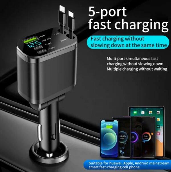 5 in 1 Retractable Car Charger Mobile Phone USB PD Type C Cable Fast Charge Cord Cigarette Lighter QC/PD Adapter for iPhone - 图片 2