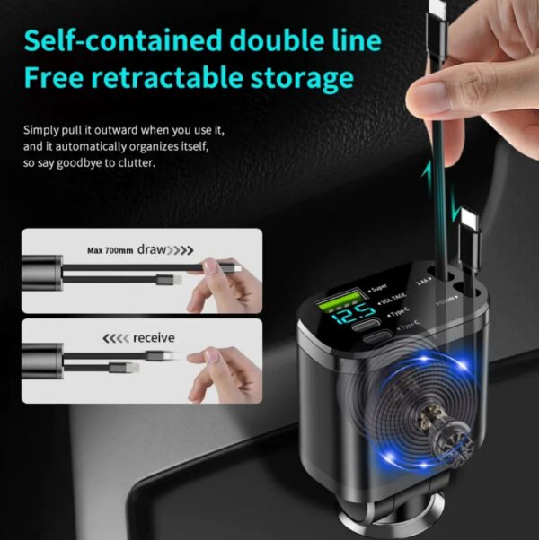 5 in 1 Retractable Car Charger Mobile Phone USB PD Type C Cable Fast Charge Cord Cigarette Lighter QC/PD Adapter for iPhone - 图片 3
