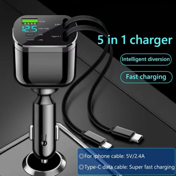 5 in 1 Retractable Car Charger Mobile Phone USB PD Type C Cable Fast Charge Cord Cigarette Lighter QC/PD Adapter for iPhone - 图片 8