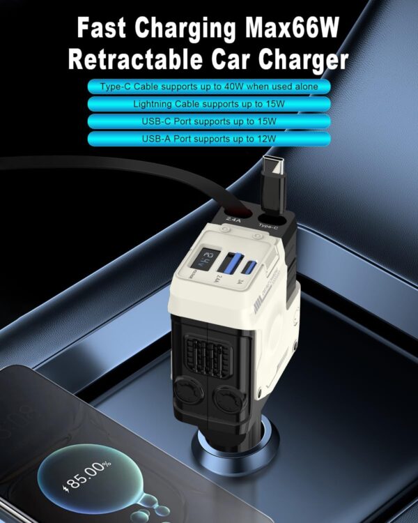 Retractable Car Charger 4 in 1, with 2 Cables, Supports Super Fast Charging(Max 66W), 2 USB Ports Car Charger Adapter for iPhone 16/15/14/13/12/11 Pro Max, Fold6/5/S25/24, Pixel - 图片 10